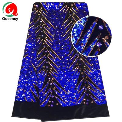 China Queency 2020 Long Sleeve Velvet Dress Fashion Royal Blue Long Sleeve Shine Sequin Velvet Big Lace For Wedding And Party Blouse for sale