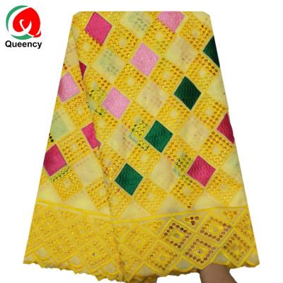 China Queency Anti-static 100% Swiss Voile African Cotton Lace Fabric With Rhinestone Hot Selling Big Lace Fashion for sale