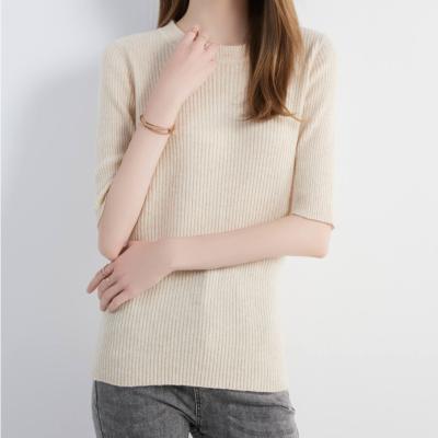 China Fashion Custom Women's Crewneck Merino Wool Short Sleeve Sweater Anti-wrinkle Soft Knitted Sweater Clothes for sale