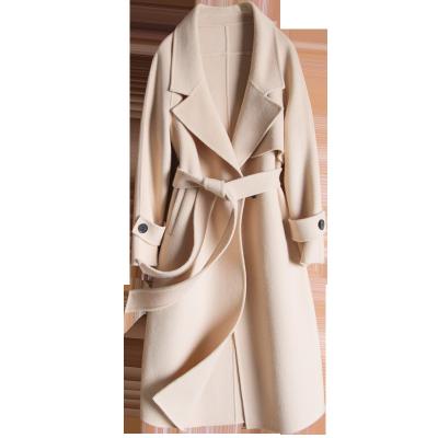 China 2021 Ladies Winter Breathable Long Belt Lapel Jacket Women's Elegant Designer Ditch Woolen Coat for sale