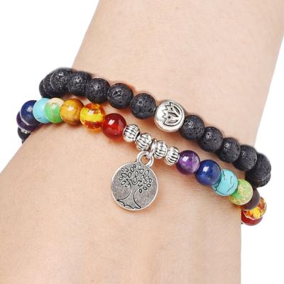 China Custom Made Multicolor Bracelets Cute Volcanic Rock Lava Stone Tree Of Life Beaded Charm Bracelet In Stock for sale