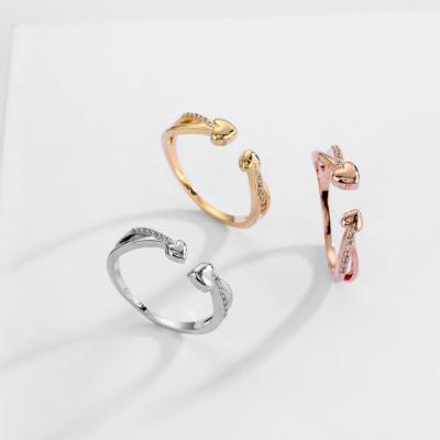 China CLASSIC Women Heart Diamond Finger Rings Stainless Steel Gold Plated Resizable Adjustable Open Rings for sale