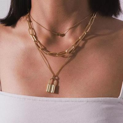 China 2021 New Fashion Paperclip Necklace Women's Collares Multilayer Heart Lock Necklace Environmentally Friendly Choker Link Chain Pendant for sale