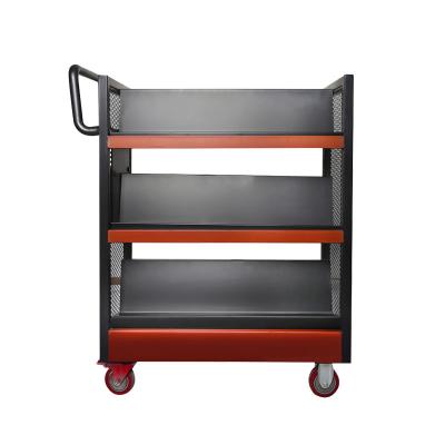 China Unfolding FLSM Double Sided Multifunctional Rolling Book Cart With Metal Wheels for sale