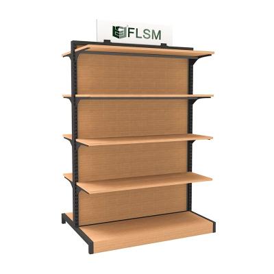 China Double Sided FLSM OEM/ODM CUSTOMIZED 930mm Length Wooden&Steel Display Rack Shop Double Side Display Shelving Retail Store for sale