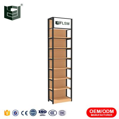 China Flsm Single Sided Wooden Drawings Designs OEM/ODM Metal Shop Rack Display Racks Stands With Billboard Frame For Grocery Stores And Snack Bars for sale