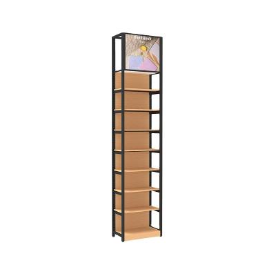 China Flsm Single Sided Hot Selling Wooden Store Customized Drawings Designs Grocery Store Display Rack Steel Rack With Billboard Frame for sale