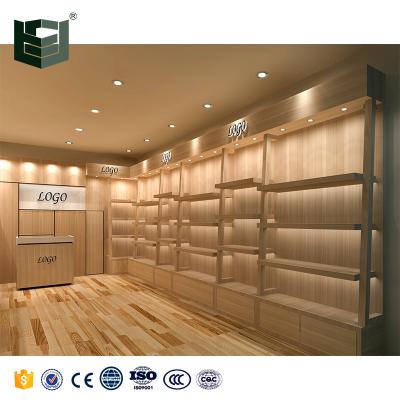 China Retail Shelves Show FLSM Customized Design Layout Wooden Shoe Bag Display Racks For Clothes&bags&shoes Store for sale