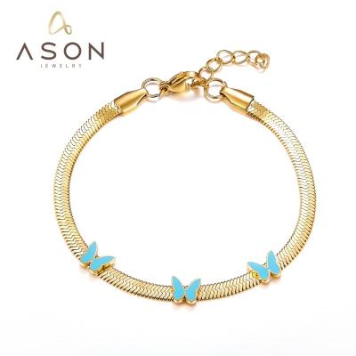 China 2022 Ason Fashion Jewelry Snake Chain Pulseera De Acero Inoxidable Flat Gold Plated Environmentally Friendly Snake Chain With Blue Butterfly Bracelet for sale