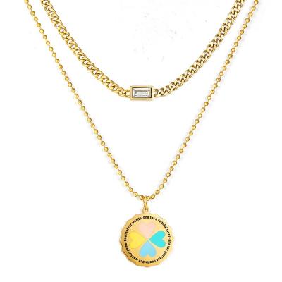 China Fashion Match Double Layer Stainless Steel Zircon Necklace Four Clover Necklace Pattern Pendant Layered Necklace for sale