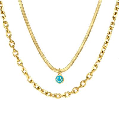 China 2022 New Match Fashion Jewelry Flat Snake Chain Necklace Smiley Charm Gold Plated Double Chain Necklace For Girls for sale