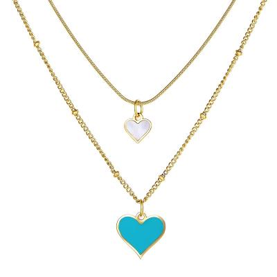 China Fashion Match Ladies Gold Plated Stainless Steel Double Layer Necklace Mother's Day Gift White Green Heart Necklace Pendant for sale