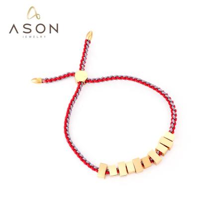 China 2022 Environmentally Friendly Unique Rectangular Square Design Adjustable Braided Red Rope Lucky String Bracelet Stainless Steel for sale