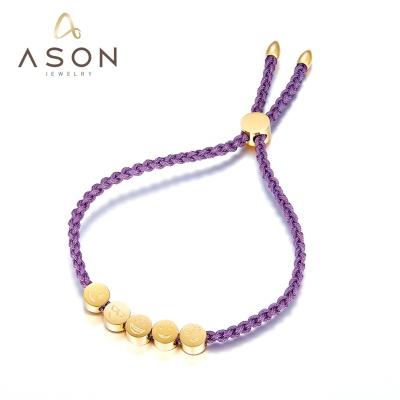 China 2022 Newest Ason Stainless Steel Environmental Friendly Jewelry Design 18K Gold Plated Adjustable Smiley Charm Purple Rope Braided Bracelet For Women for sale