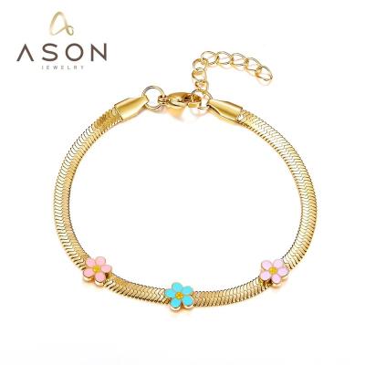 China 2022 New Environmental Friendly Flat Snake Chain 18k PVD Gold Plated Stainless Steel Bracelet With Colorful Flowers Bangle For Women for sale