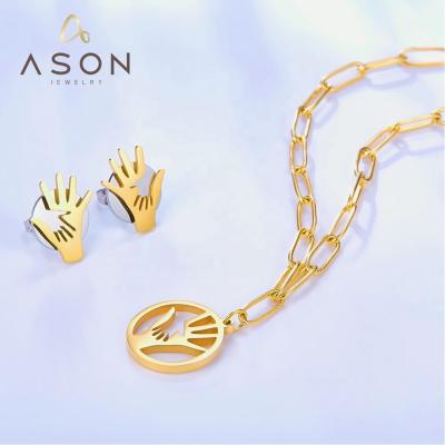 China 2022 Environmental Friendly Women 18K Gold Plated Small Hands Big Hands Cross Necklace Stud Earrings Set Non Tarnish Stainless Steel Jewelry Set for sale