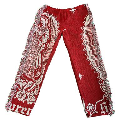 China Floral Pattern Flat Knit Vintage Luxury Thick Elegant Brand Custom Handmade Toweling Tassel Women Tapestry Hedging Pants Jogger for sale