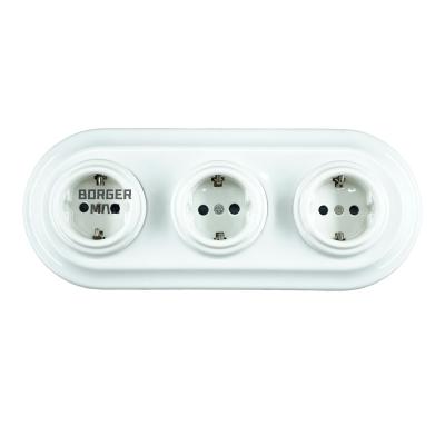 China Safety Schuko socket with porcelain frame for Oulet flush mounting triple wall socket 240V, 16A for sale