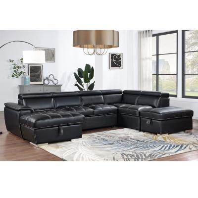 China U-Shaped Sectional Sleeper Sofa with Pull Out Bed and Storage Chaise Lounge and Adjustable Headrests, Black Breathable Leatherette for sale