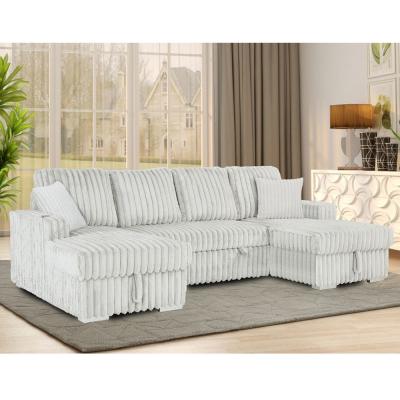 China U-Shaped Sectional Sleeper Sofa with Pull Out Bed and Storage Chaise and Cup Holders, Light Gray Corduroy Fabric for sale