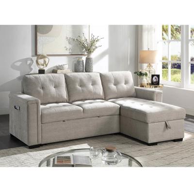 China L-Shaped Reversible Sectional Sleeper Sofa with Pull-Out Bed and Storage, Warm Gray Chenille for sale