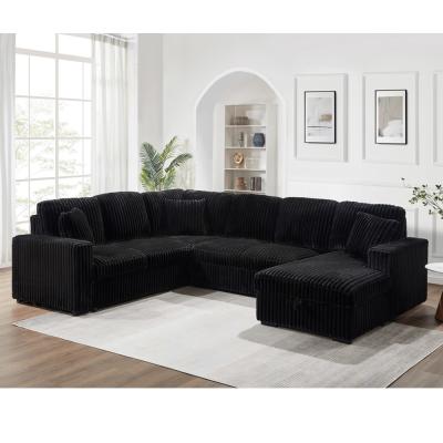 China U-Shaped Sectional Sleeper Sofa with Pull Out Bed and Storage Chaise Lounge and USB Charging Port, Black Corduroy Fabric for sale