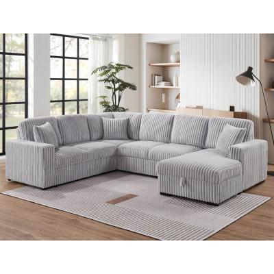 China U-Shaped Sectional Sleeper Sofa with Pull Out Bed and Storage Chaise Lounge and USB Charging Port, Gray Corduroy Fabric for sale