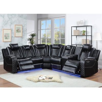 China Power Recliner Corner Sofa with 2 Power Recliner Seats and 2 Power Headrests and Storage Box and Storage Arms and LED Light, Black Breathable Leatherette for sale