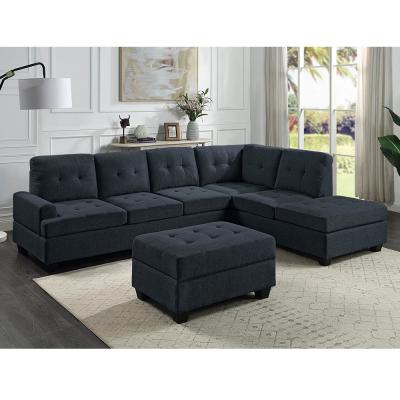 China L Shaped Sectional Sofa with Dropdown Table and Reversible Chaise and Storage Ottoman, Dark Blue Linen for sale