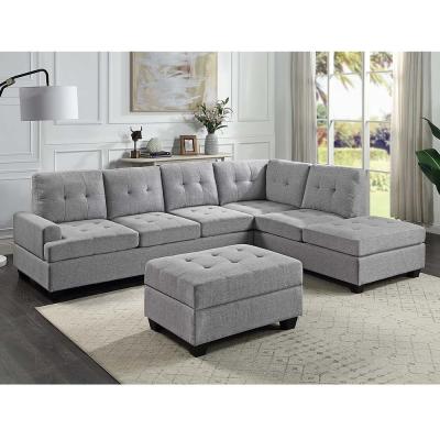 China L Shaped Sectional Sofa with Dropdown Table and Reversible Chaise and Storage Ottoman, Gray Linen for sale