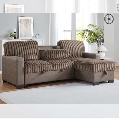 China L-Shaped Reversible Sectional Sleeper Sofa with Pull-Out Bed and Dropdown Table and Storage, Brown & Dark Brown Fabric for sale