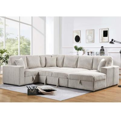 China U-vormige sectioneel slaapbank met uittrekbaar bed en opslagstoel Lounge en opslagstoel Loveseat en USB-oplaadpoort, Khaki Corduroy stof Te koop