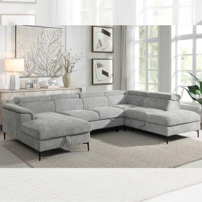 China U-Shaped Sectional Sleeper Sofa with Pull Out Bed and Storage Chaise Lounge and Adjustable Headrests, Gray Fabric for sale