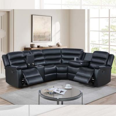 China Recliner Corner Sofa with Dropdown Table and Storage Box, Black Breathable Leatherette for sale