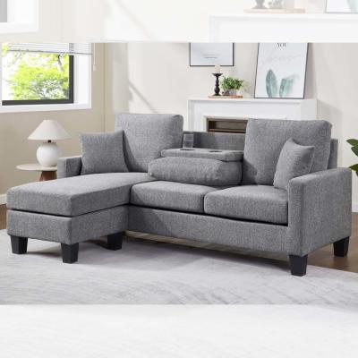 China L Shaped Sectional Sofa with Dropdown Table and Reversible Chaise and 2 Pillows, Gray Chenille for sale