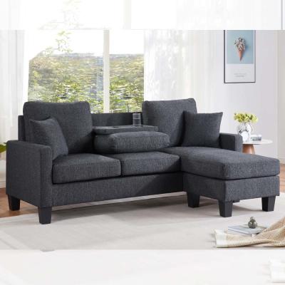 China L Shaped Sectional Sofa with Dropdown Table and Reversible Chaise and 2 Pillows, Dark Gray Chenille for sale