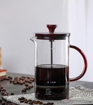 China Viable Borosilicate Press Coffee Glass French Tea Maker With Red Olive Wooden Lid And SS Filter for sale