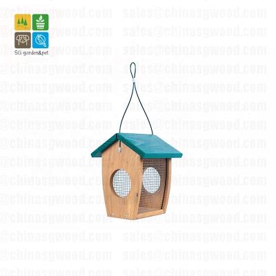 China Sunflower&Nut Sustainable Wooden Hanging Bird Feeder With Metal Wire Kidney Fat Cage for sale