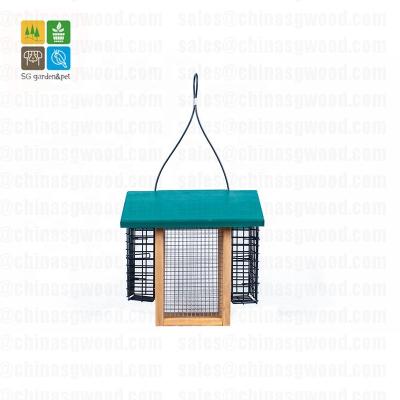 China Sustainable Wooden Acrylic Hanging Combo Hopper Bird Feeder With Metal Wire Kidney Grease Cage for sale