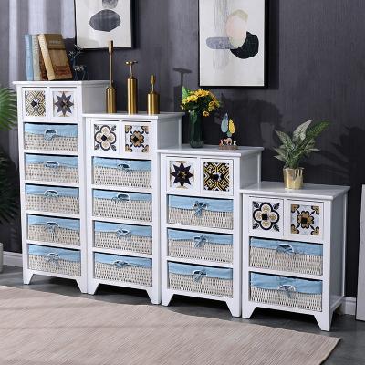 China Minimalist vintage farmhouse wood storage cabinet with rattan baskets and drawers for sale