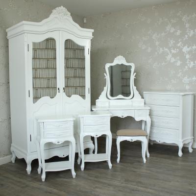 China Wood Carved W-B-5060 Antique Wooden Bedroom Furniture Sets In White Color With Carving for sale