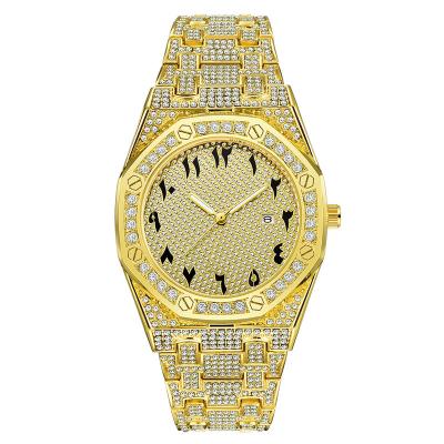 China Mens Hip Hop Day/Date Iced Out Full Bling Rhinestone Diamond Zirconia Gold Plated Calendar Quartz Wrist Watch for sale