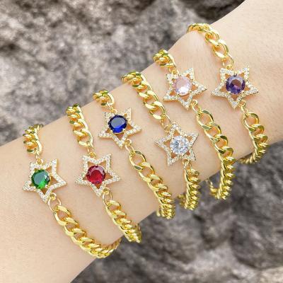 China Wholesale Dubai Boho Lead Free Nickel Free Gold Plated Zircon Colorful Star Adjustable Cuban Link Chain Bracelet For Women for sale