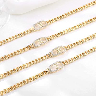 China TRENDY 14K Gold Initial Letter Zircon Anklets Gold Filled Cuban Gold Link Chain Anklets Jewelry For Women for sale