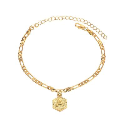 China Hiphop Wholesale A-Z Letters Initial 18K Gold Cuban Link Anklet Bracelet Stainless Steel Anklets For Women With Charms for sale