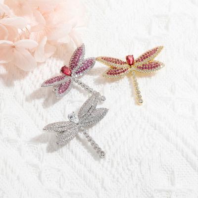 China High Quality Fashionable Rhinestone Animal Zircon Dragonfly Brooch Red Gold Colors Women Bridal Wedding Dress Brooches for sale