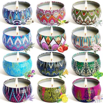 China Luxury Circular Aromatherapy Scented Metal Wax Soy Candle Chakra Candle Container Rolls Vessel With Lid Candles Gift Set Scented for sale