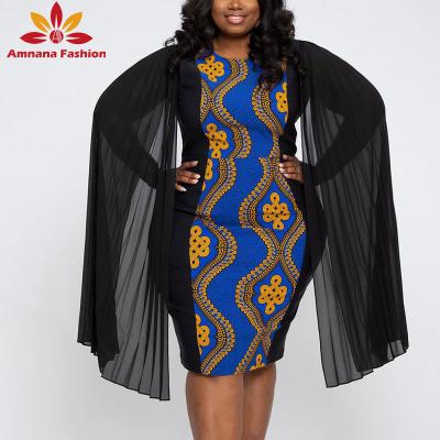 China Cotton 2021 African print stretch woven cape sleeve dress wax fabric patchwork hot selling african dresses for sale