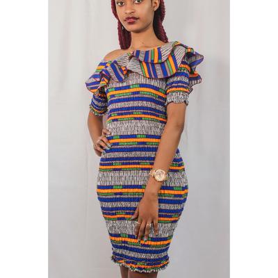 China New Design Cotton African Women Print Ruffle Neck Ankara Midi Stretch Dress Kitenge Stretch Dress Clothing for sale