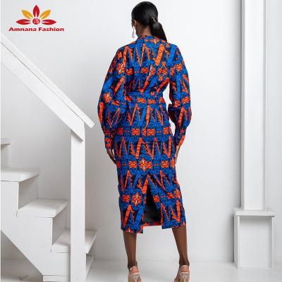 China African Cotton Super Quality Print Mock Neck Women Sheath Long Midi Dress With Back Lady Slit Wax Batik Dress for sale